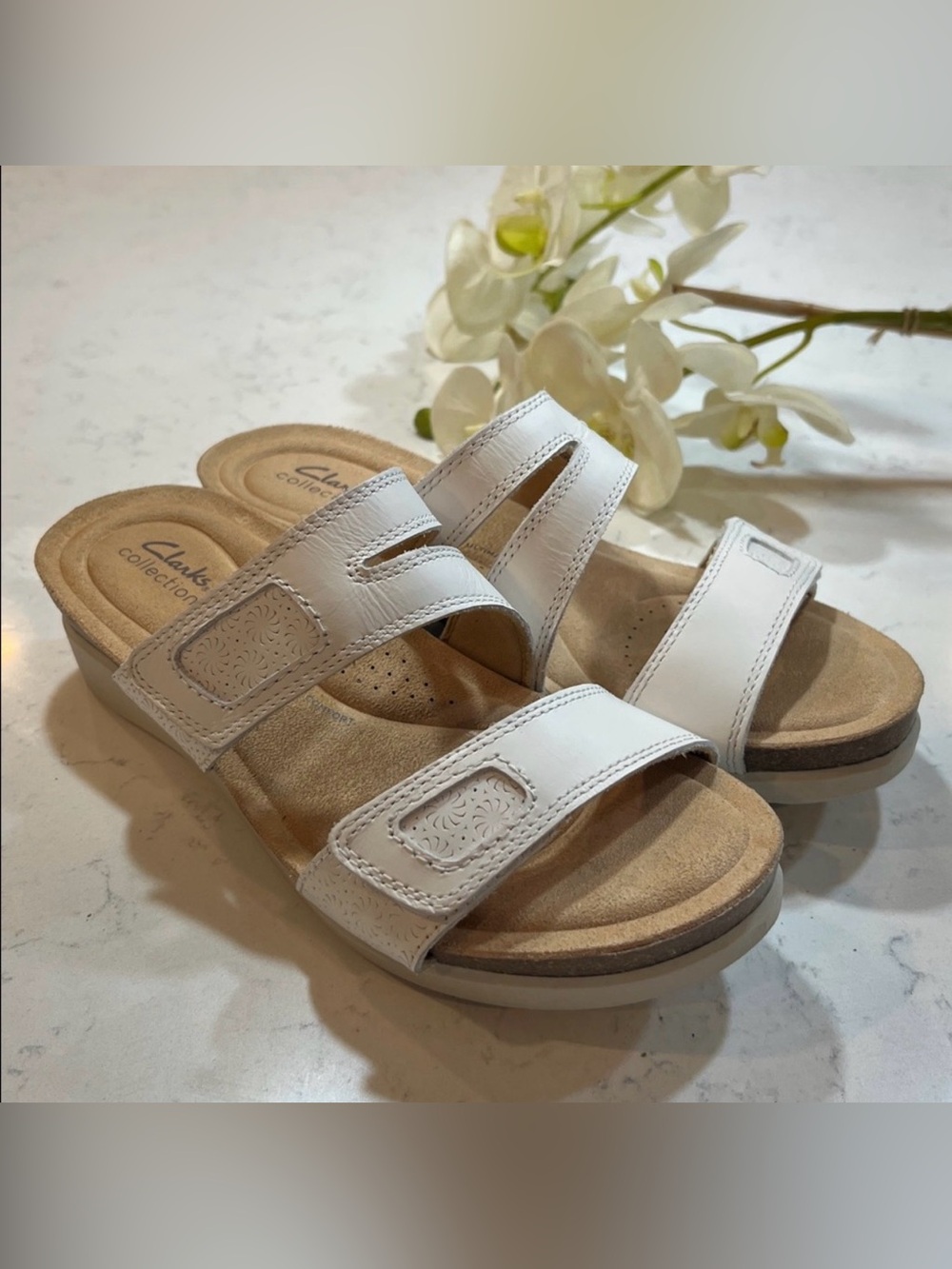 Clarks Calenne Maye women's wedge sandals in white leather Size 10